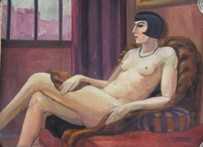 une peinture représentant une femme nue assise sur une chaise