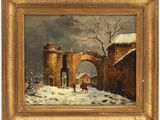 a painting of a snowy landscape with a gate and two figures