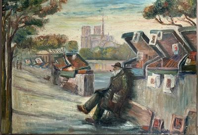 un tableau représentant un homme assis sur un mur au bord de l'eau