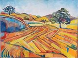 an image of a painting of a field with a tree in the distance