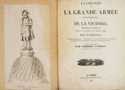an old book with a drawing of a statue on top of it
