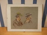 painting of two men with hats and smoking pipe in front of blue and white striped wall