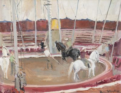 a painting of a group of people riding horses in a ring