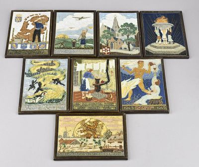 six framed tile paintings of people and animals on a white surface