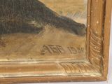 painting of a dog laying on the ground in a frame