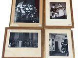 quatre photographies en noir et blanc encadrées représentant des personnes dans un salon