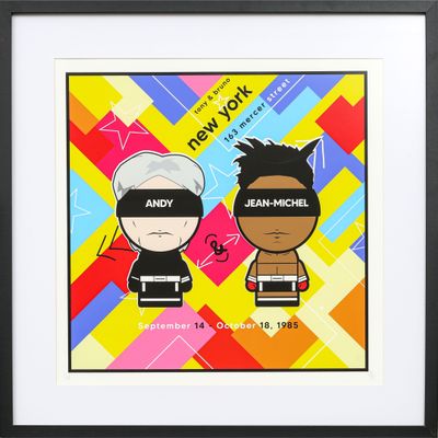 a framed picture of a couple of cartoon characters in front of a colorful background