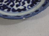 a blue and white plate with a design on it