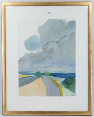 une aquarelle représentant une route avec des arbres et des nuages en arrière-plan