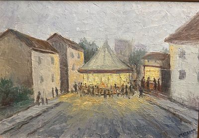 une peinture à l'huile représentant une scène de rue avec des personnes marchant dans la rue