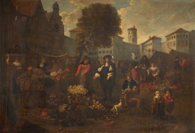 painting of a market scene with a man selling fruit and vegetables