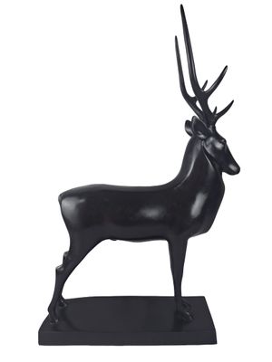 a black sculpture of a deer standing on a black base
