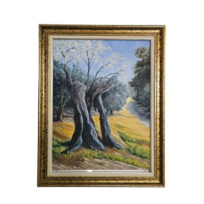an oil painting of two trees in a field with a river in the background