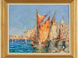 une peinture à l'huile représentant des bateaux dans un port avec des bâtiments à l'arrière-plan