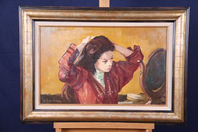 a painting of a woman combing her hair in front of a mirror