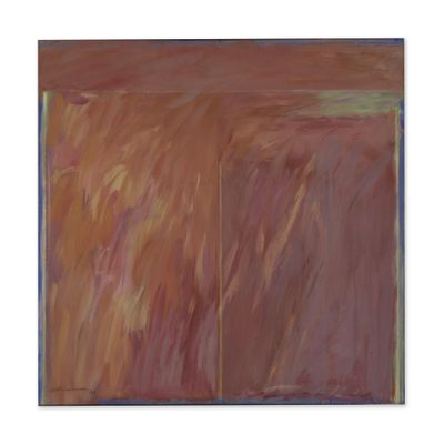 une peinture abstraite représentant un tableau aux tons marron et orange, bordé d'un liseré bleu