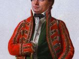 painting of a man in a red coat and green pants