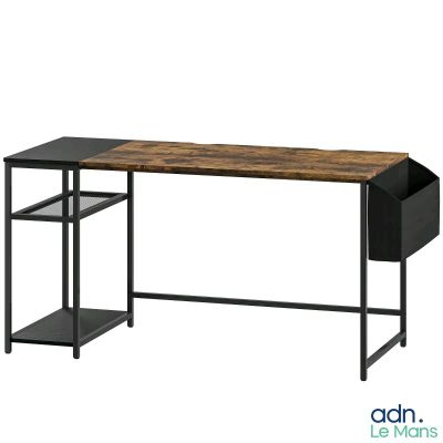 un bureau en bois avec des pieds en métal noir et un plateau en bois