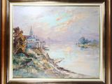 an oil painting of a river scene with a church in the distance