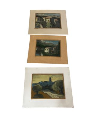 three paintings of a train on a track with a bridge in the background