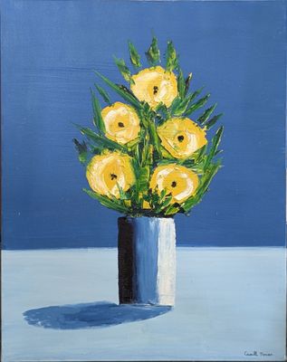 peinture représentant des fleurs jaunes dans un vase sur fond bleu