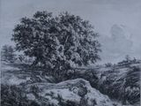 dessin représentant un paysage avec un arbre et un mouton au premier plan