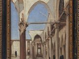 un vieux tableau représentant une cour avec des colonnes et des arcades