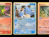 Quatre cartes Pokémon différentes sont représentées en ligne sur un fond noir.