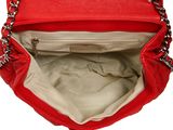 a close up of a red purse with a chain around it