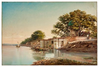 painting of a view of a river with a boat in the foreground