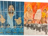 two pictures of a painting of a man in a jail cell and a painting of a man in a prison cell