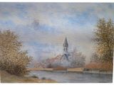 une aquarelle représentant une église à la campagne