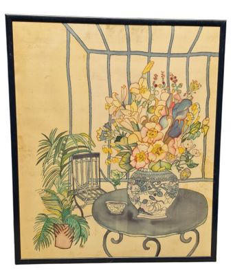 une image d'un tableau représentant un vase de fleurs sur une table