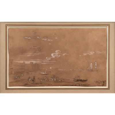 un dessin représentant une scène de plage avec des bateaux et des personnes dans l'eau