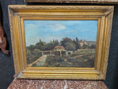 une peinture à l'huile représentant un pont sur une rivière avec un bâtiment à l'arrière-plan