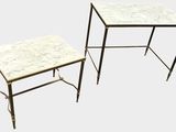 two tables with marble tops and metal legs