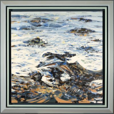 an oil painting of a rocky beach with waves crashing on the rocks