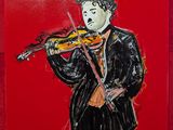 tableau représentant un homme jouant du violon sur un fond rouge