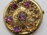 an image of a close up of a gold broochle with pink stones