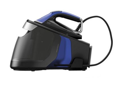 a close up of a blue and black steam iron on a white background
