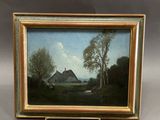 une peinture à l'huile représentant une scène de campagne avec des vaches et une grange au loin