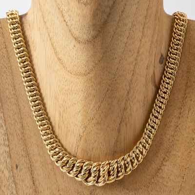 un gros plan sur un collier à chaîne en or porté par un mannequin