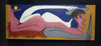 tableau représentant une femme allongée sur un lit, un couteau à la main