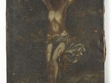 un vieux tableau représentant un homme sur une croix, coiffé d'une couronne