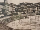 a drawing of a boat on the water in front of a town
