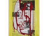 an image of a piece of newspaper with red paint on it