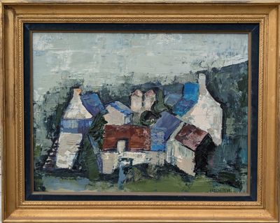 an image of a painting of a house with a red roof