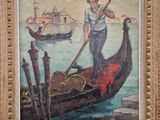 tableau représentant un homme sur une gondole, avec un bateau en arrière-plan