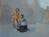tableau représentant un homme et une femme assis sur un tabouret devant un immeuble
