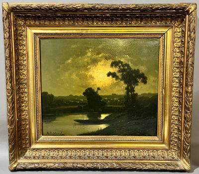 a painting of a river scene with a boat in the water